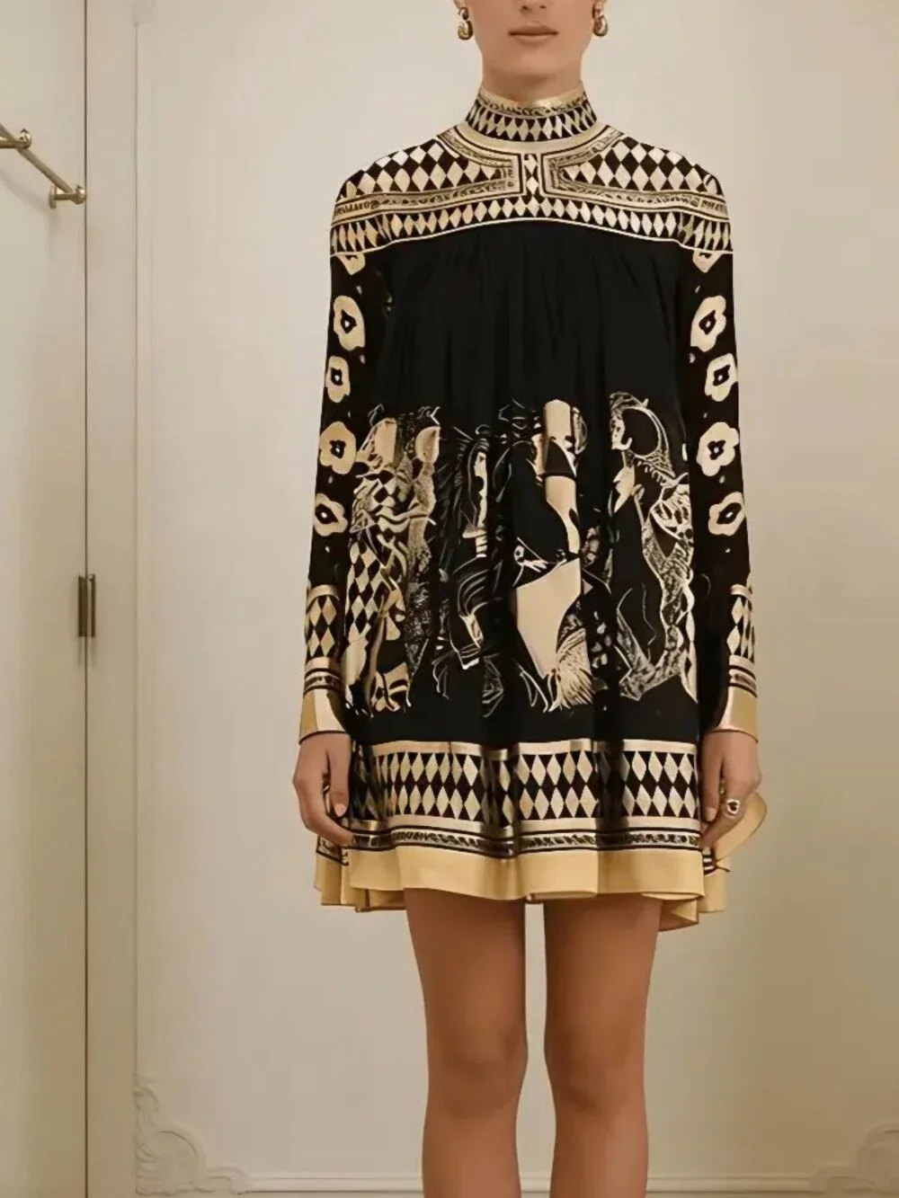 Women'S Bronze Ethnic Print Stand Collar Long-Sleeved Short Dress, Casual